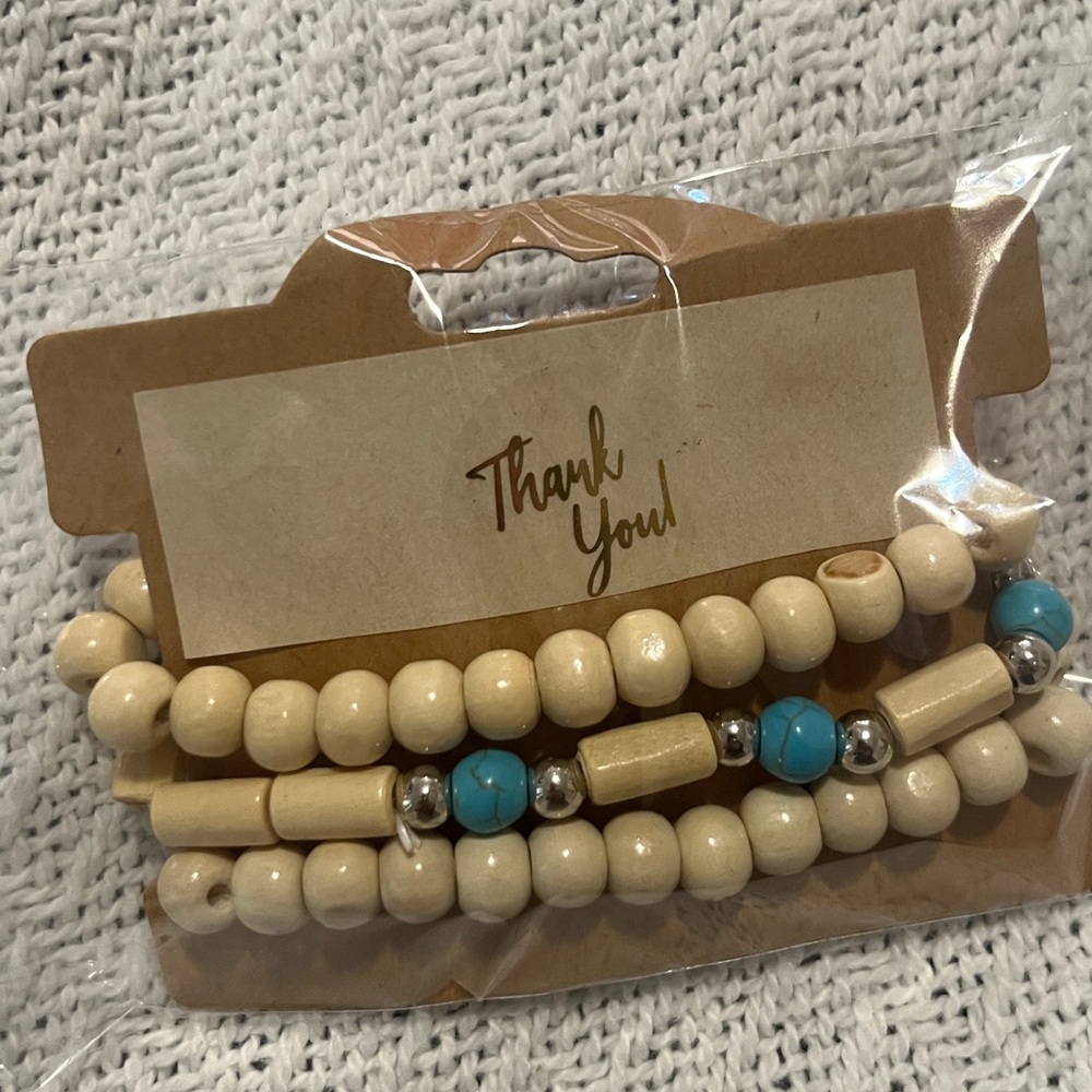 Three-Piece Stackable Bead Bracelet Set - Ivory & Turquoise Accent